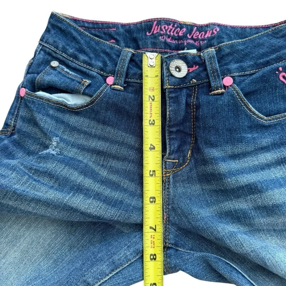 Y2K Justice Blue Denim Jeans Straight Rolled Up Cuff Faded Distressed 12S